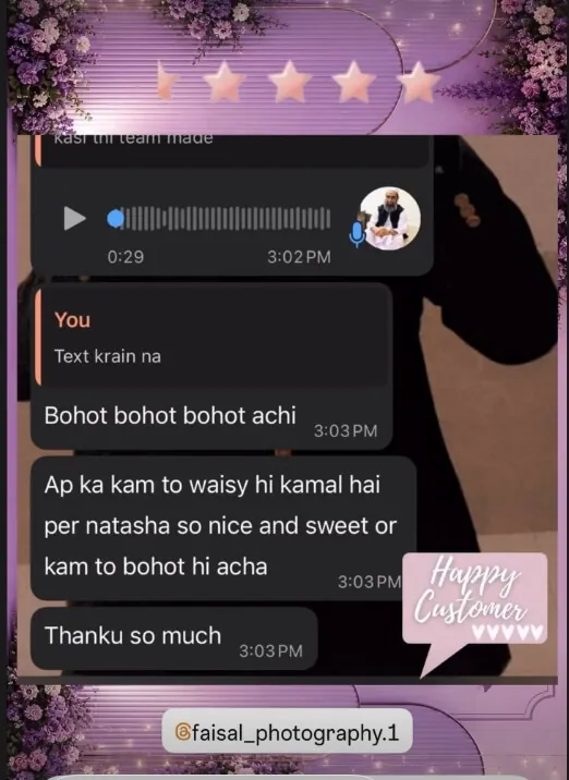 Client message thanking the team for their wedding shoot
