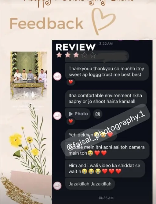 Client feedback message about a comfortable shoot experience