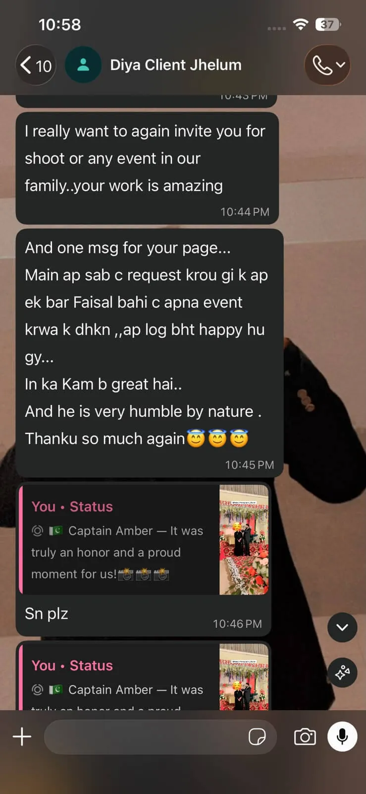 Client message thanking the team and cameraman for their event
