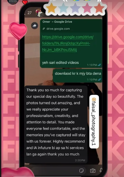 Client thanking the team for capturing their special day beautifully